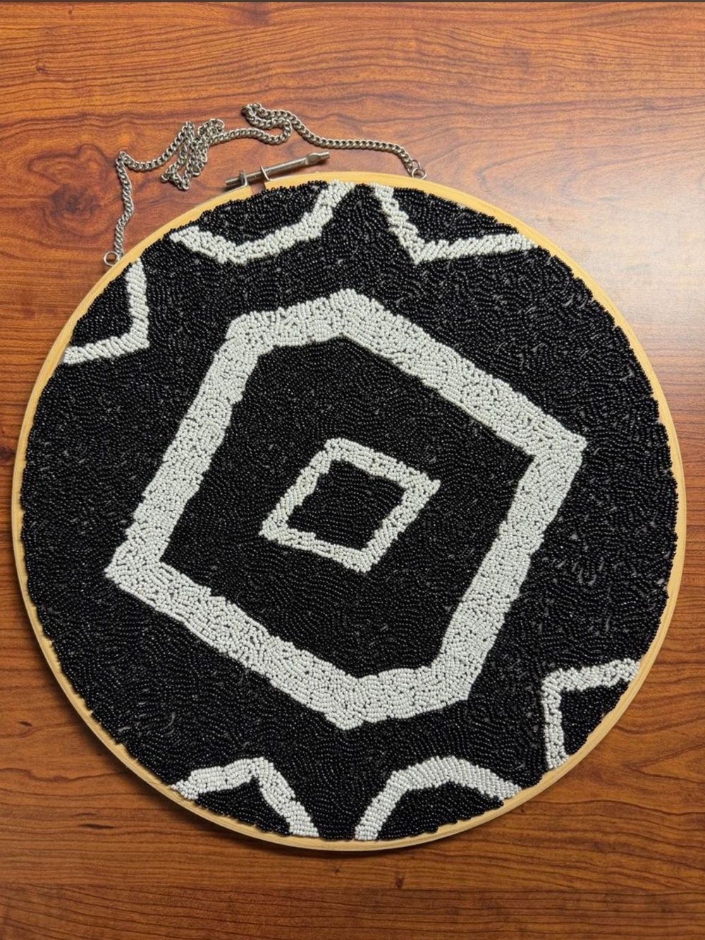 Beaded Black and White Geometric Boho Wall Hanging Decor